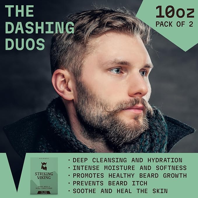 Striking Viking Beard Wash and Conditioner (Tea Tree &amp Biotin) - Paraben &amp Sulfate Free Cleansing Care for All Beard Types (10oz Per Bottle)