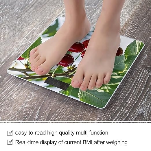 Red Cherry Pattern Bathroom Scale for Body Weight with High Precision Large LCD Backlight Display Digital Weighing Scale with BMI Capacity Up to 180kg