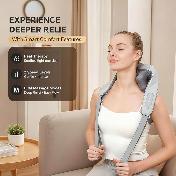 Shiatsu Neck and Shoulder Massager with Heat Cordless Rechargeable Hand-Free/Handheld Deep Tissue Pain Relief for Trapezius Portable for Home/Office/Travel Ideal Gift for Women/Men