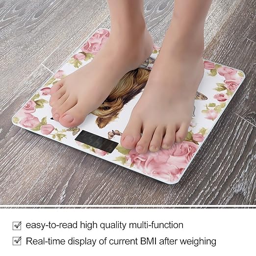 Yorkshire Terrier Tea Party Butterflies Roses Bathroom Scale Automatic Power On/Off Body Scales LCD Backlight Display Square Digital Scale Rounded Corners Bathroom Scales for Home Bedrooms