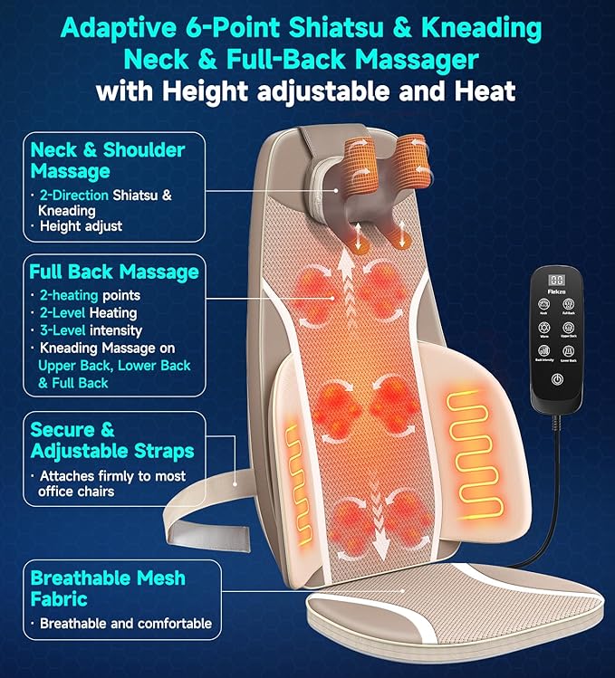 Flekzo Shiatsu Back &amp Neck Massage Chair Seat Cushion with Heat – 4D Kneading Adjustable Intensity Adjustable Neck Height Full Back Pain Relief Deep Tissue Office Chair Massager Brown
