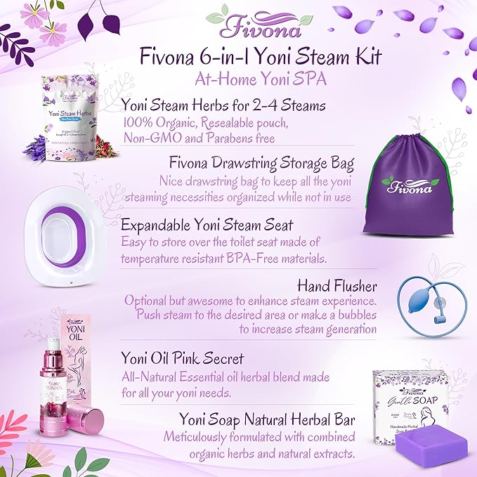 FIVONA Yoni Care Kit 6 in 1 - pH Balanced Natural Yoni Oil Herbal Soap Bar for Feminine Wash Detox V Steam Herbs Blue Moon Foldable Sitz Bath Steam Pot Hand Flusher and Drawstring Storage Bag