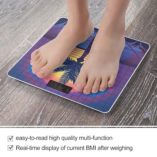 Palm Tree Sun and Grid Bathroom Scale for Body Weight Bathroom Weighing Scales with Back Lit LED Display Sturdy Tempered Glass Body Weight Bathroom Scale 400lb Weighing