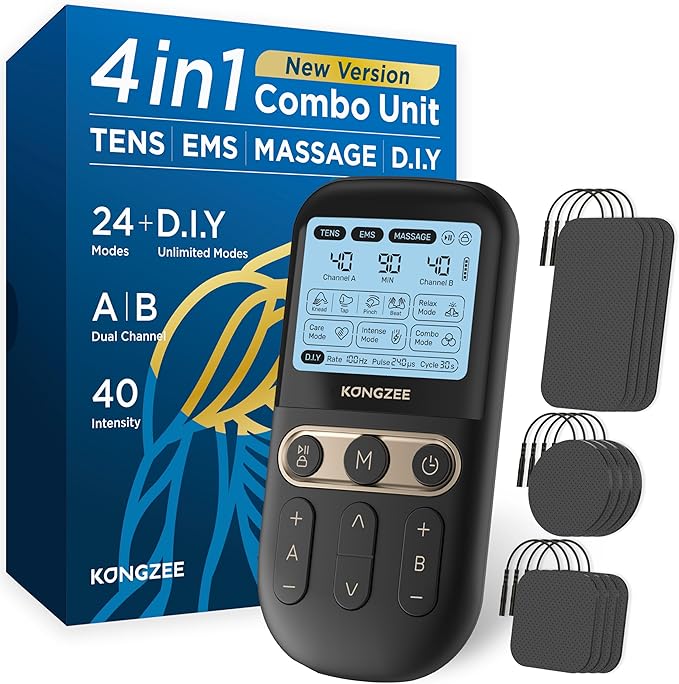 4 in 1 - D.I.Y &amp Tens Unit &amp EMS &amp Massage Muscle Stimulator Dual Channel TENS Units Therapy Machine for Pain Relief FDA Cleared Rechargeable Electronic Pulse Massagerwith 12pcs Electro