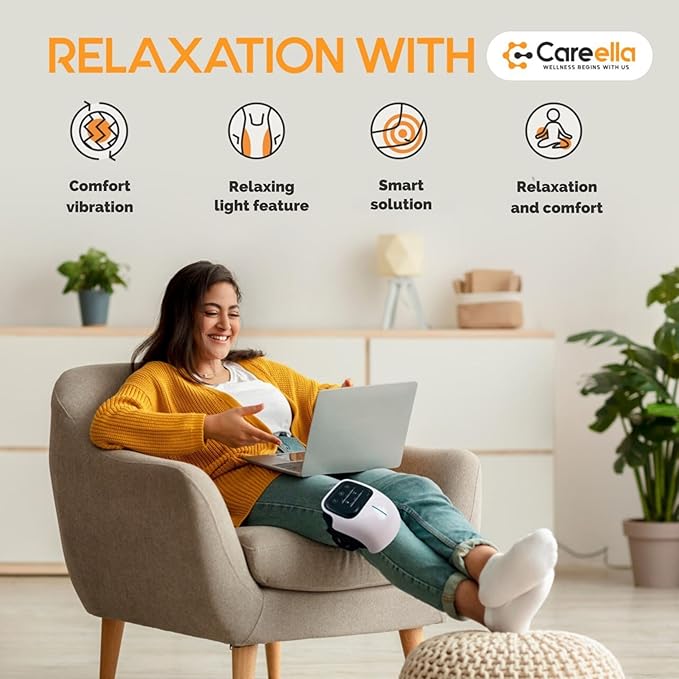 Careella Advanced Wireless Knee Massager – Heated &amp Rechargeable Pad with Smart Vibration Cordless Comfort Device &amp Gentle Light for Knees &amp Joints - XL Size Adjustable Brace - Portable R