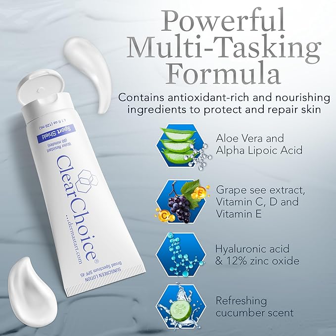 Clear Choice Sunscreen for Face SPF 45 Oil Free Sunblock &amp Light Moisturizer with Zinc Oxide Reef-Safe Broad Spectrum Water-Resistant No White Cast Dermatologist Recommended 4oz