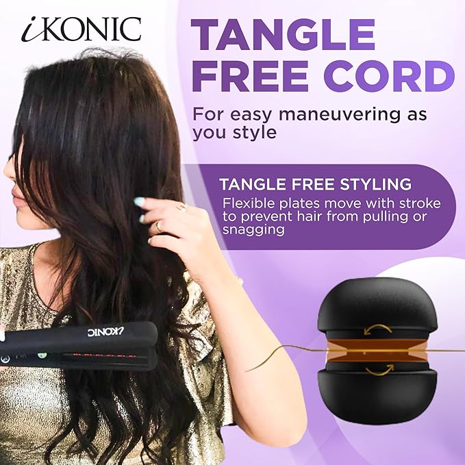 IKonic 100% Tourmaline Ceramic Hair Straightener &amp Curler– Anti-Static Infrared Ionic 2-in-1 Dual Voltage Flat Iron –1” Floating Plates Adjustable Temp 140–450°F Frizz-Free &amp Fast Heat Hair