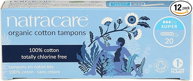 Natracare Non-Applicator 100% Organic Cotton Tampons Super Totally Chlorine Free Biodegradable and Compostable (12 Pack 240 Tampons Total)