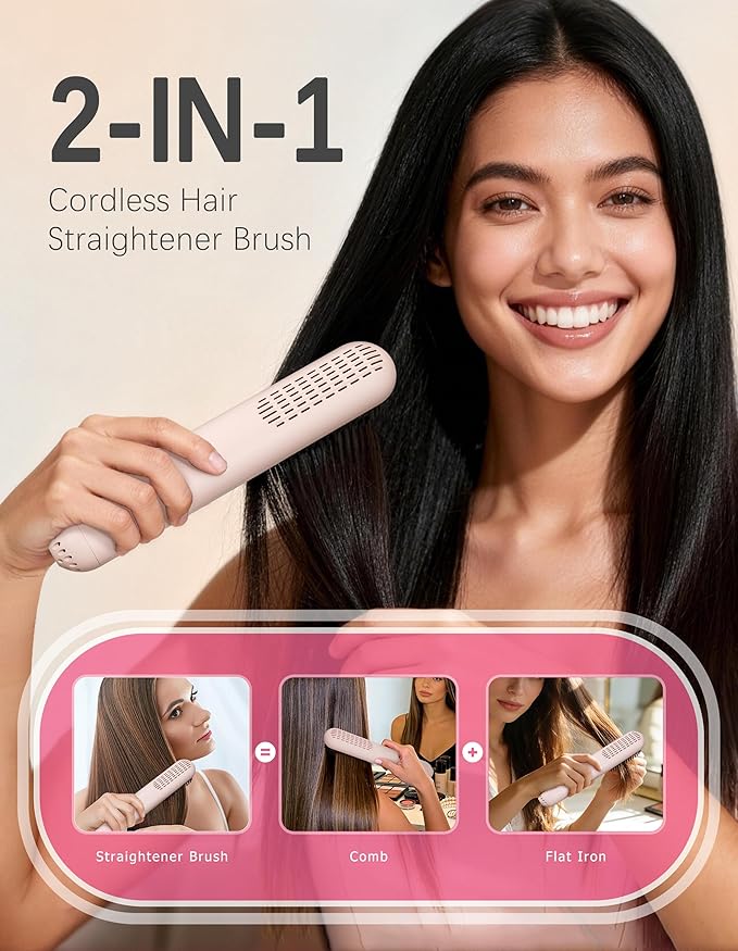 Cordless Hair Straightener Brush Portable Hair Straightener with Cooling Mode Negative Ions for Frizz-Free Shine &amp LED Display USB-C Charging &amp Fast Heating Gift for Women