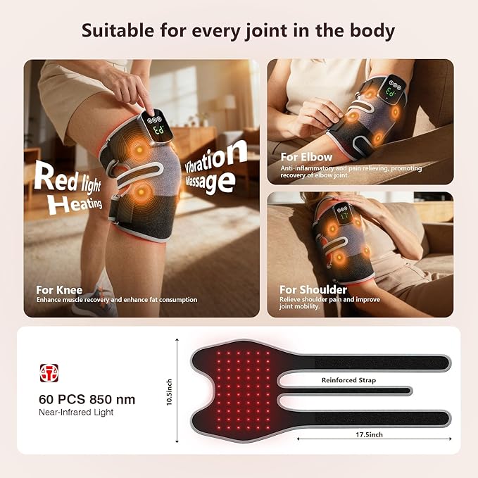 3-in-1 Red Light Therapy Knee Brace with 4 Vibration Massage Areas 5000mAh Rechargeable Heated Knee Massager 660nm&amp850nm Infrared Light Therapy Heated Device for Knee Elbow Shoulder Pain Relief