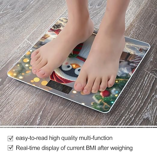 Christmas Funny Penguin Bathroom Scale for Body Weight Bathroom Digital Electronic Weighing Scale with Back Lit LED Display Sturdy Tempered Glass Weight Watchers Scales 400lb