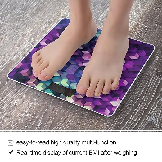 Abstract Color Cubes Purple Scale for Body Weight Safe Rounded Corners Tempered Glass Digital Bathroom Scale LED Display 400lb Capacity Weight Scales with High Precision Sensors