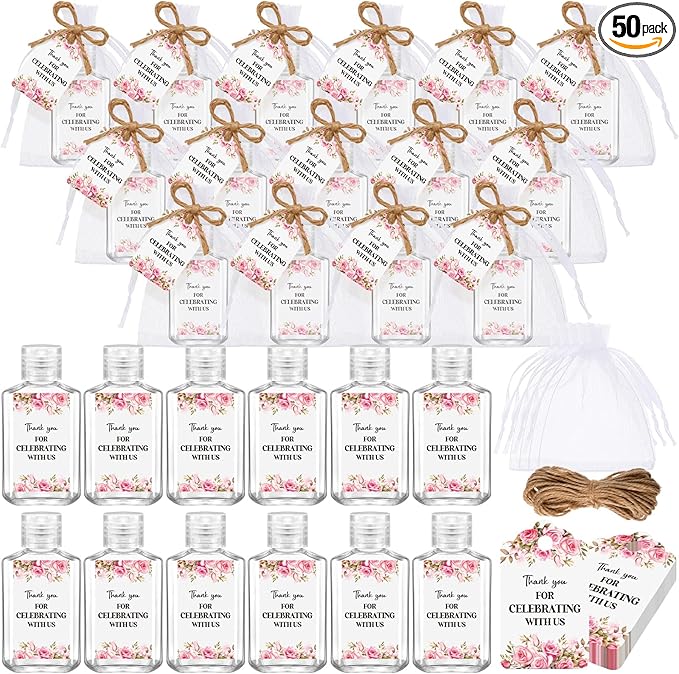 50 Sets Mini Hand Sanitizer Bottles Bulk 2oz Empty Christmas Hand Sanitizer Travel Size Wedding Favors for Guests with Organza Bags Thank You Tags for Woman Employees(FlowerPink)