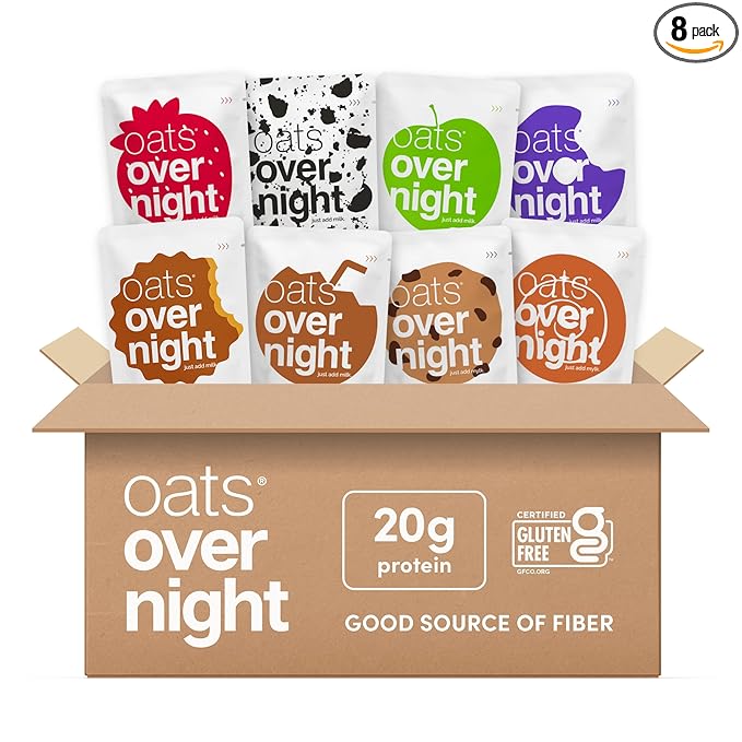 Oats Overnight Party Variety Pack - High Protein High Fiber Breakfast Protein Shake - Gluten Free Oatmeal Non GMO Oatmeal - Cookies &amp Cream Coconut Cream Pie &amp More Flavors (8 Pack)