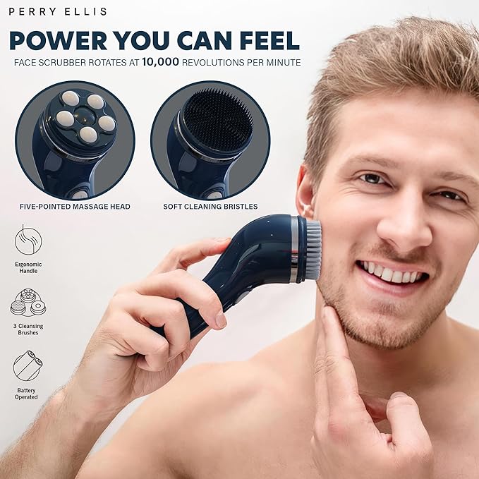 Perry Ellis 4-in-1 Cordless Massage and Cleansing Set with 4 Brush Heads Exfoliating Face Scrubber with Massager Rotating Scrub Brush Facial Skincare Products Carrying Case for Travel Included