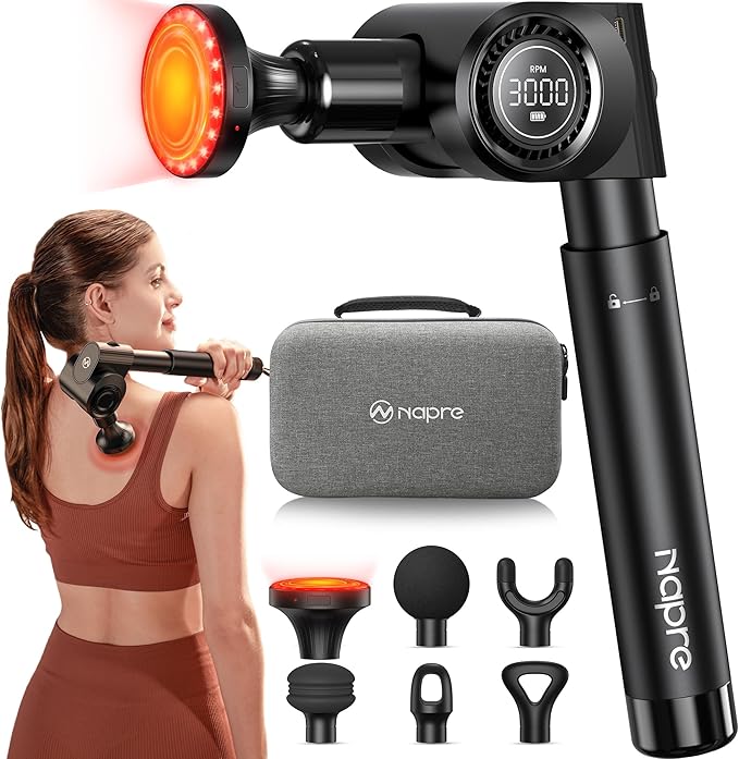 NAPRE Massage Gun with HeatDeep Tissue Handheld Percussion Back Massager for Muscle/Neck/Body Pain Relief with Long Extension Retractable Handle32-SpeedsFoldable5 Adjustable Angleswith Carry Case