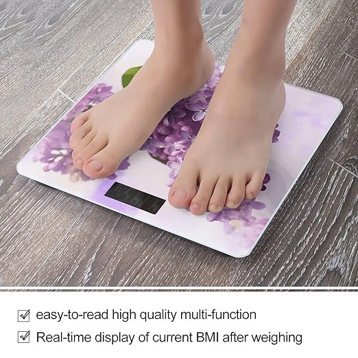 Lilac FlowersScale for Body Weight with LCD High Precision Weighing Scales Fashion Sturdy Tempered Glass Weight Scales Easy-to-Read Digital Bathroom Scale for Daily 400lb