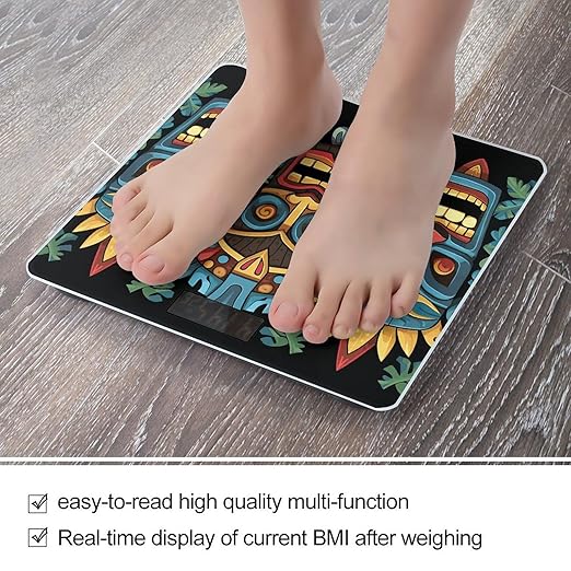 Colorful Tiki Mask Pattern Bathroom Scale Automatic Power On/Off Body Scales LCD Backlight Display Square Digital Scale Rounded Corners Bathroom Scales for Home Bedrooms