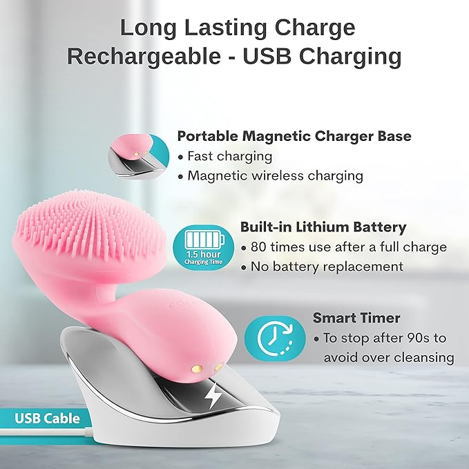 Silicon Facial Cleansing Brush - Electric Rechargeable Waterproof IPX7 - Rotating Magnetic Beads - 4 Function Modes - Face Massage for Deep Cleaning - Magnetic Charging Base - Ergonomic Handle