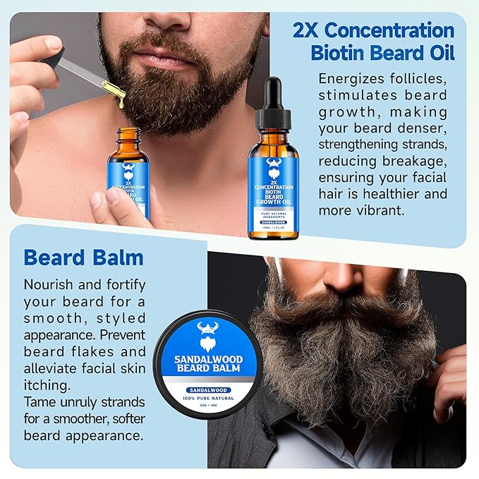 Beard Growth Oil &amp Beard Balm - Beard Growth Kit with 2X Concentration Biotin for Men Natural Ingredients with Argan Oil Jojoba Oil and Vitamin (Sandalwood)