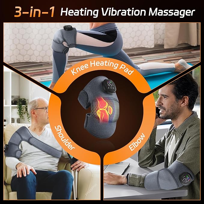 Knee Massager with Heat and Vibration Cordless Heating Pad for Knee 3-in-1 Massager for Knee Shoulder Elbow Portable Washable Heated Knee Brace for Arthritis with 2 Extension Straps