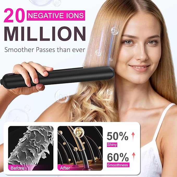 2-in-1 Cordless Flat Iron Hair Straightener &amp Curlerr Rechargeable Cordless Hair Straightener with 9600mAh Battery LCD Display Negative Ion Tech 6 Adjustable Temps Heat-up in Seconds for Home