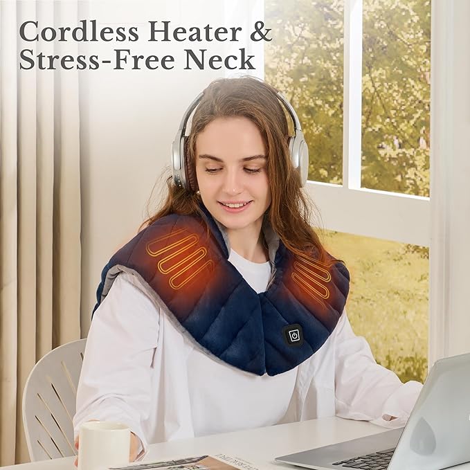 Portable Cordless Heating Pad for Neck Shoulders &amp Back - Rechargeable Battery Operated Heating Pad with 3 Heat Settings Birthday Gift for Women Weighted Neck Warmer for Pain Relief (Navy Blue)