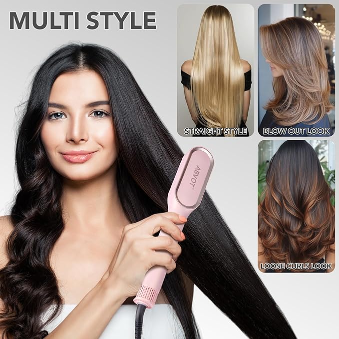 Hair Straightener Brush with Dual Air Vents ABVOT All-in-1 Styling Comb Heat/Cool air Modes Fast Heating &amp Global Voltage Pink