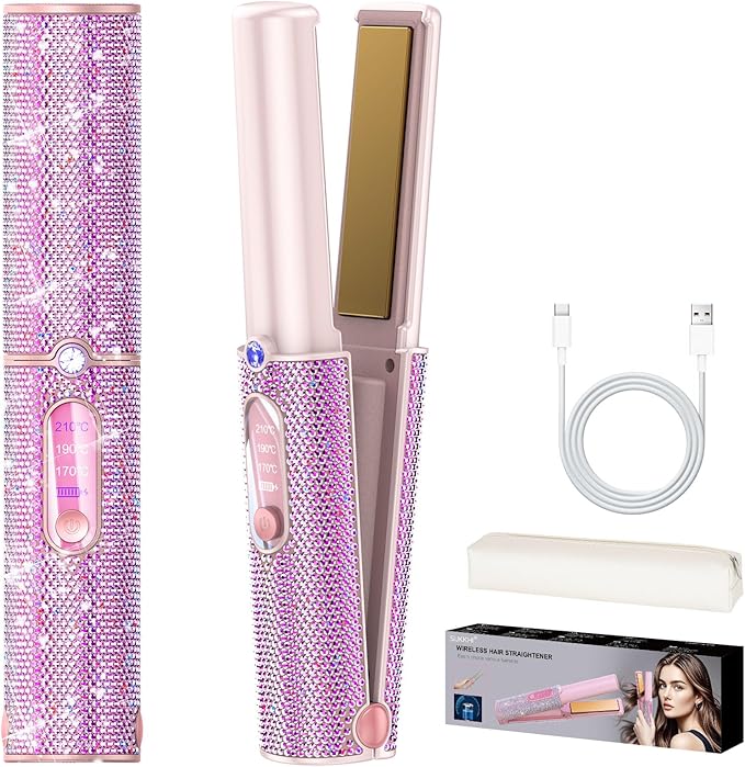 Feitenn Cordless Hair Straightener 2 in 1 Portable Straightener Hair Straightening Dual Voltage Flat Iron Fast Heat Wireless Hair Curler 5000mAh Rechargable for Travel Gift for Women（Pink）