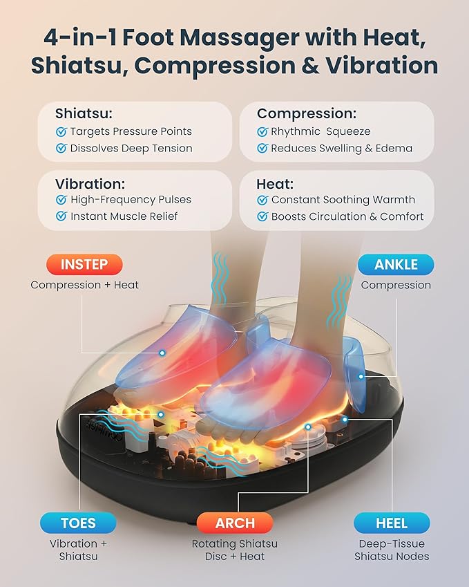 COMFIER 4-in-1 FSA Eligible HSA Shiatsu Foot Massager with Heat Compression &amp Vibration Independent Controls 3 Levels Toe Touch Control Large Size Fits Up to 14 Gifts for Mom Dad Home Offic