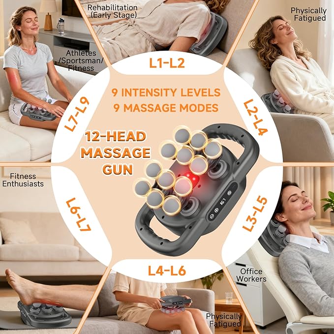 12 Head Massage GunDeep Tissue Percussion Massager with 9 Levels &amp 9 Modes2600mAh Bttery Cordless Electric Muscle Massager Tool for Back/Shoulder/Hand/Leg/Foot Full Body Muscle Pain Relief