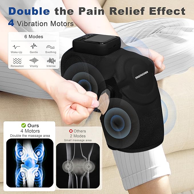 KingPavonini Cordless Knee Massager for Pain Relief Newly 4 Motors Vibration 5 Heat Levels 6 Massage Modes Knee Heating Pad for Knee Pain Heated Knee Massager Brace for Mom Dad (Black 2.0)