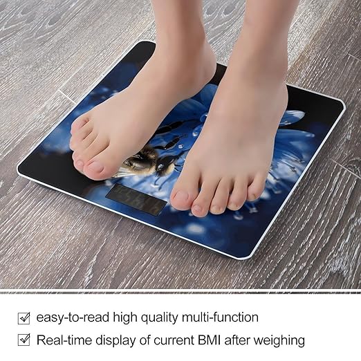 Blue Flower Bee Bathroom Scale for Body Weight Bathroom Weighing Scale with Backlit LCD Display Highly Accurate Measures Weight Up to 180kg