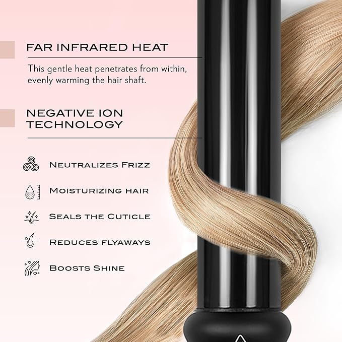 NuMe Classic Ceramic Curling Wand - Tourmaline 1.25 Inch Barrel Hair Curler Negative Ion Conditioning Far Infrared Heat - All Hair Types - Black