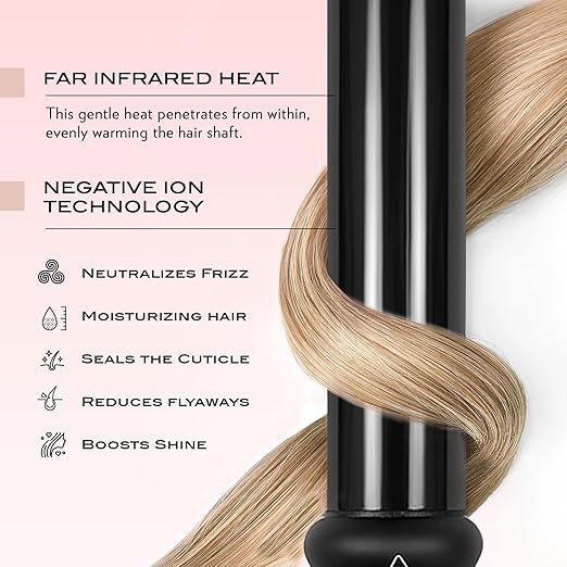 NuMe Classic Ceramic Curling Wand - Tourmaline 25mm Barrel Hair Curler Negative Ion Conditioning Far Infrared Heat - All Hair Types