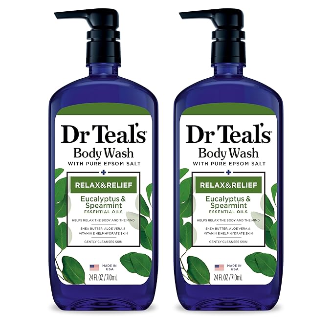 Dr Teal's Body Wash Bundle with Pure Epsom Salt Relax &amp Relief with Eucalyptus &amp Spearmint 24 fl oz (Pack of 2) and Soothe &amp Sleep with Lavender 24 fl oz (Pack of 2)