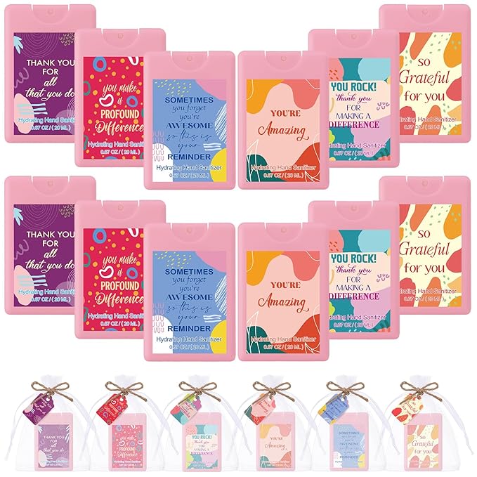 Frienda 12 Set Travel Size Hand Sanitizer Spray Bulk Portable Power Mist Thank You Mini Hand Sanitizer Employee Appreciation Day Gifts for Teacher Coworker Team Women's Day (PocketPink)