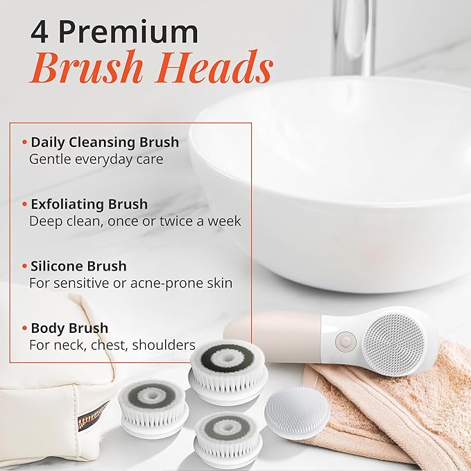 Vanity Planet Raedia Facial Cleansing Brush - Electric Facial Cleansing Brush with 4 Exfoliating Brush Heads - Waterproof Handheld Lightweight for Face Scrubber and Exfoliating Face - Warm Grey