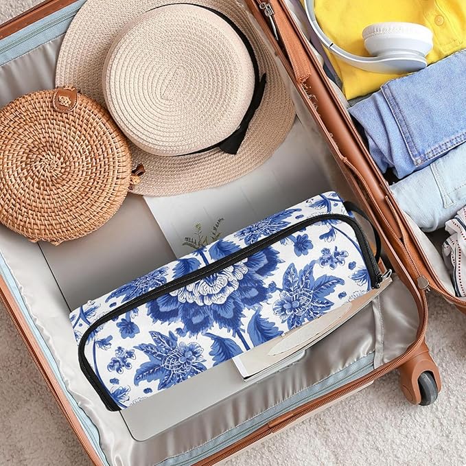 Hair Tools Travel Bag with Heat Resistant Mat Detachable 2-in-1 Curling Iron Travel Case Hot Tools Organizer for Straightener Flat Iron Blue and White Symmetrical Floral