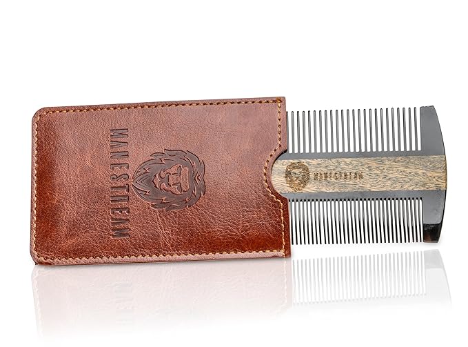 Premium Natural Ox horn and Sandalwood Beard Comb Dual-Action | Double Sided Beard &amp Mustache Comb with Brown Protective Case | Perfect Grooming Companion &amp Gift for Men – by Man &amp Mane