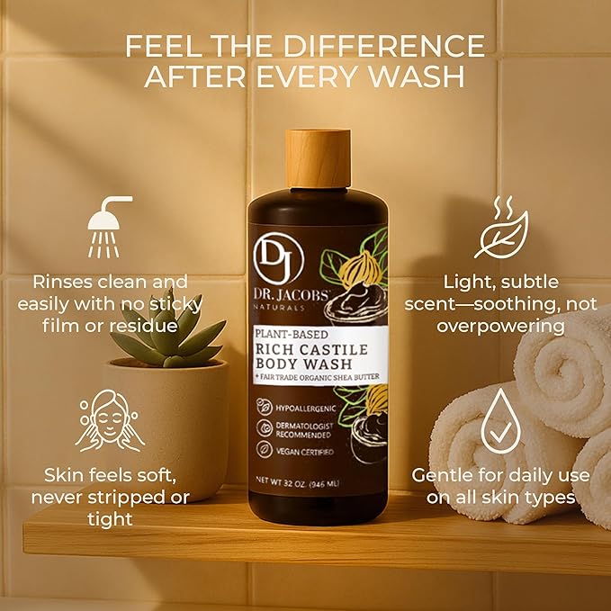Dr. Jacobs Naturals Pure Castile Soap Liquid Body Wash Shea Butter - Plant Based Soap Infused with Vitamin E and Aloe Vera to Moisturize Dry and Sensitive Skin - Made in the USA - 32 oz Pack of 2