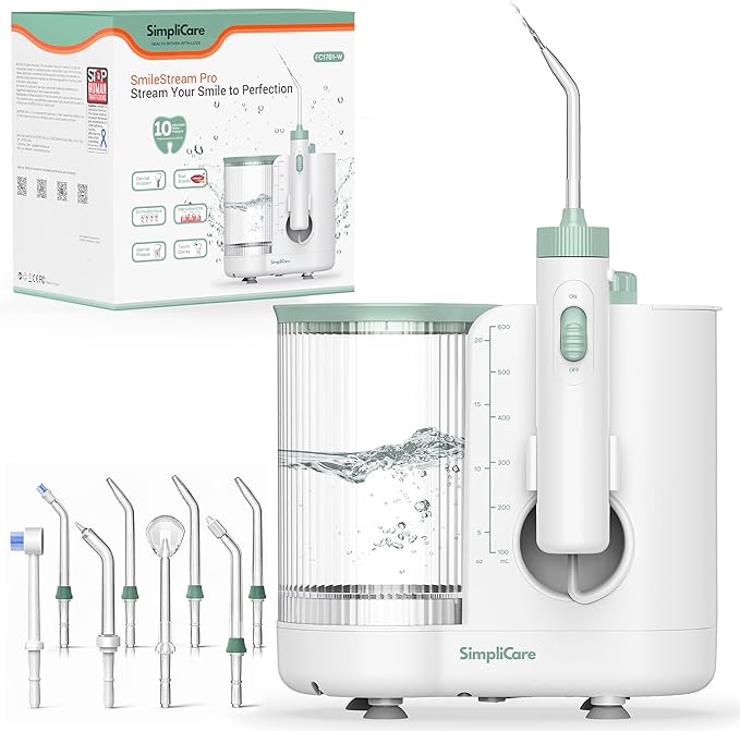 Pro Countertop Oral Irrigator Water Dental Flosser | 10 Pressure Levels 21–160 PSI 20.3 oz Large Tank Complete 8-Tip System for Braces Implants &amp Gum Care BPA-Free (FC1761-W)