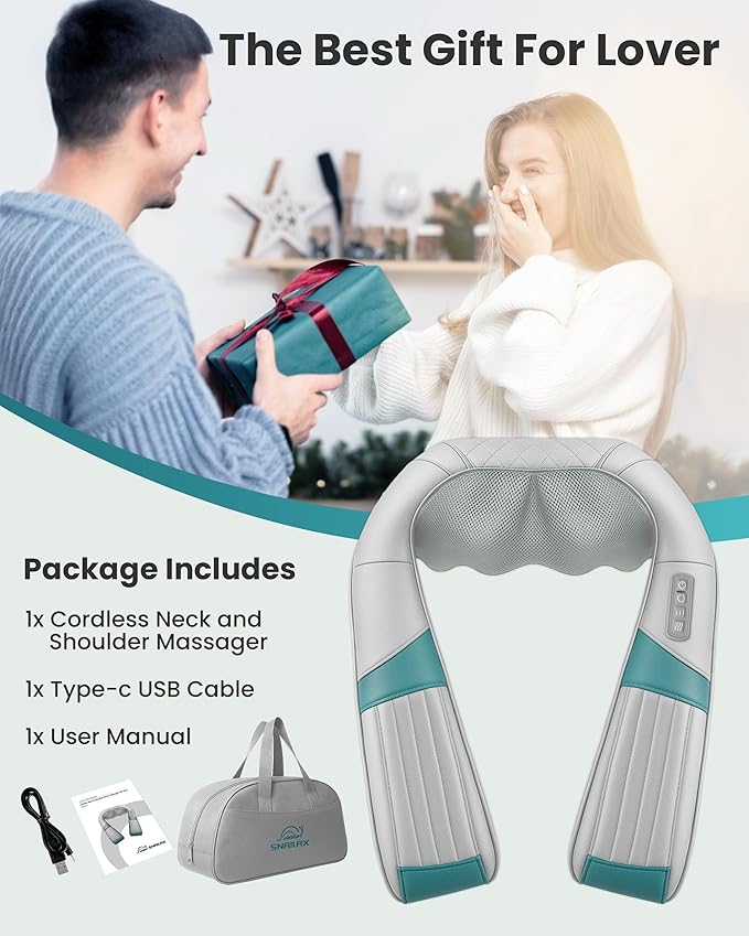 Snailax Cordless Neck Massager with Heat Shiatsu Neck Back Massager for Pain Relief Deep Tissue Rechargeable 4D Knead Shoulder Massager Pillow with Portable Carry Bag Gifts for Mom Dad