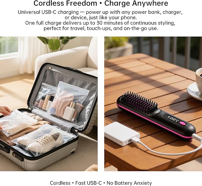 GERY Wireless Hair Straightener Brush Cordless Negative Ion 3 Temp Settings (160℃/180℃/200℃) MCH Fast Heating 4X Longer Battery LED Display Portable for Travel &amp Home (Black)