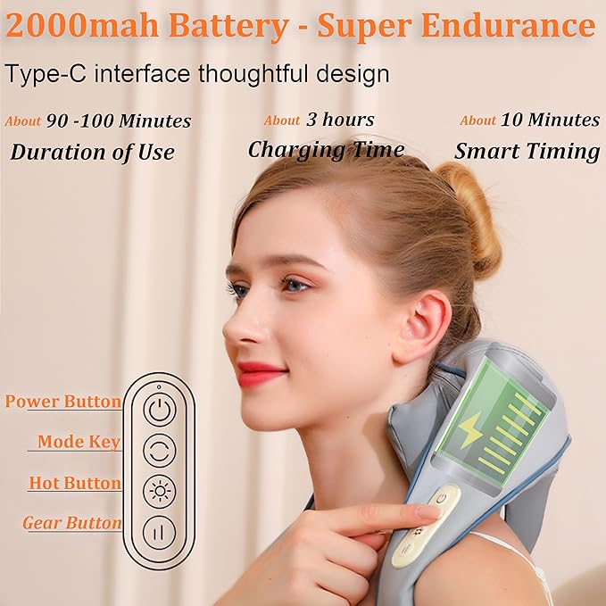 Shiatsu Back and Neck Massager with Heat - Electric Massage 3D Deep Tissue Kneading Massages Silicone Massage Head Two Ways to wear for Muscle Pain Relief Perfect Gifts Blue