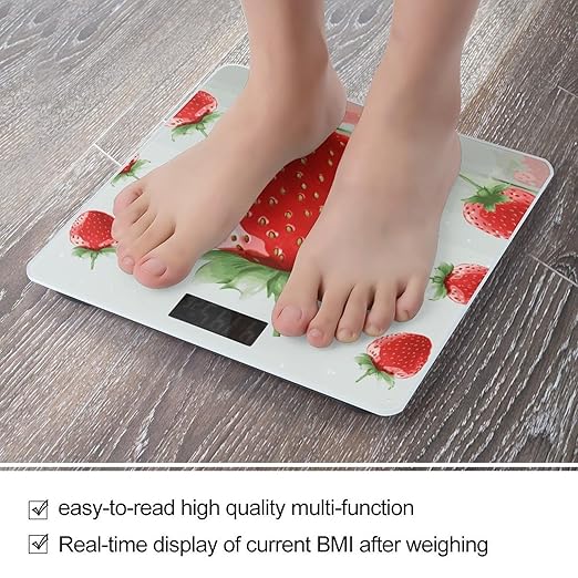 Lovely Strawberry Weight ScaleClear LED Display Bathroom Digital Weighing ScaleTempered Glass Digital Bathroom Scale for Body Weight Capacity Up to 400 Lbs