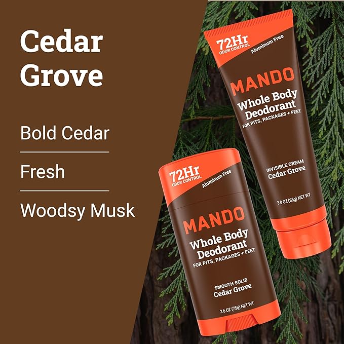 Mando Whole Body Deodorant - Invisible Cream Tube and Solid Stick - 72 Hour Odor Control - Aluminum Free Baking Soda Free Skin Safe - 3.0 Ounce Tube and 2.6 Ounce Solid Stick Bundle - Cedar Grove