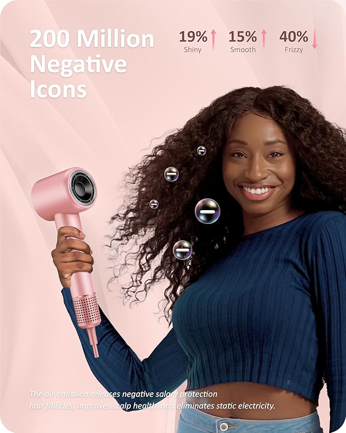 Rudd Hair Dryer with Diffuser High Speed Hair Dryer with Display 110000 RPM Brushless Motor for Fast Drying 200 Million Negative Inoic Low Noise Pink