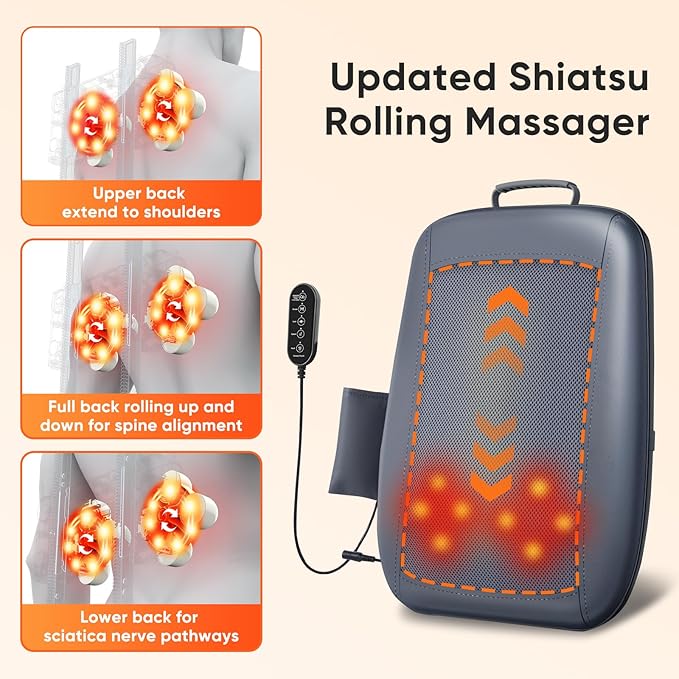Shiatsu Back Massager with Heat 4D Deep Tissue Massage for Pain Relief Portable Rechargeable Electric Back Massager for Chair Home Office CarGift-Ready for Men Women