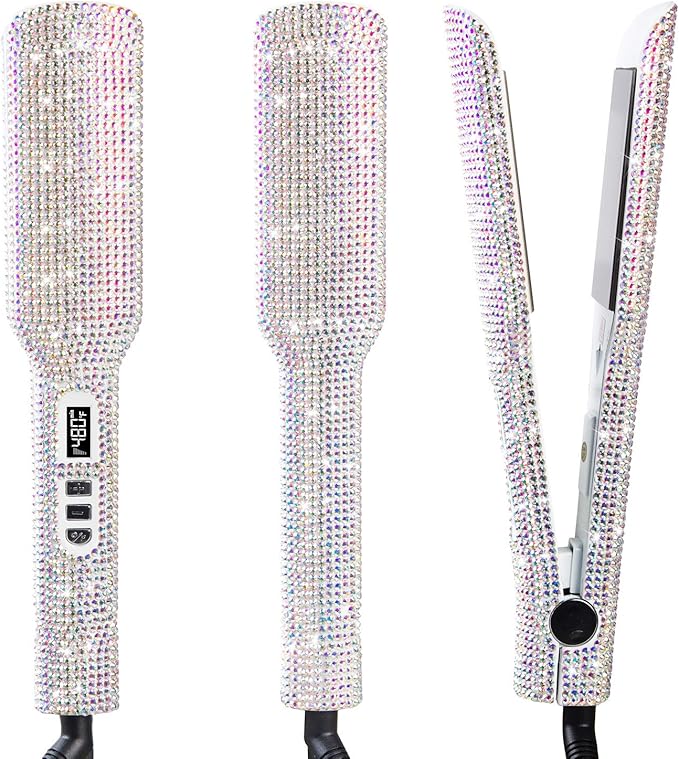 DORISILK Crystal Diamond Titanium Hair Straightener 2 Inch Rhinestone Flat Iron Dual Voltage Straightening Irons Instant Heat-up 480°F Quick Styling LCD Display Gorgeous Rhinestone (AB Shine)